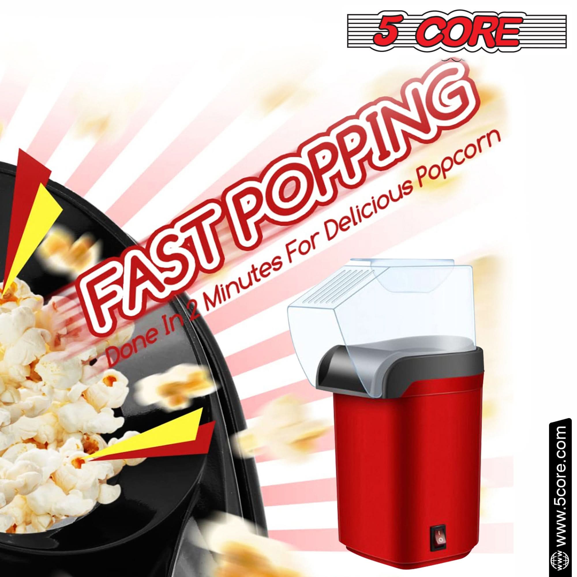 5Core Popcorn Machine in red color, compact design with a capacity of 16 cups, perfect for making healthy popcorn quickly.