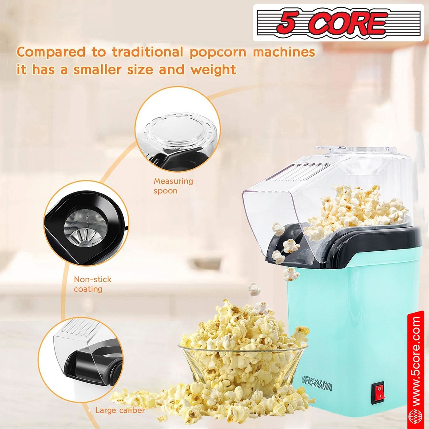 5Core Popcorn Machine in red color, compact design with a capacity of 16 cups, perfect for making healthy popcorn quickly.