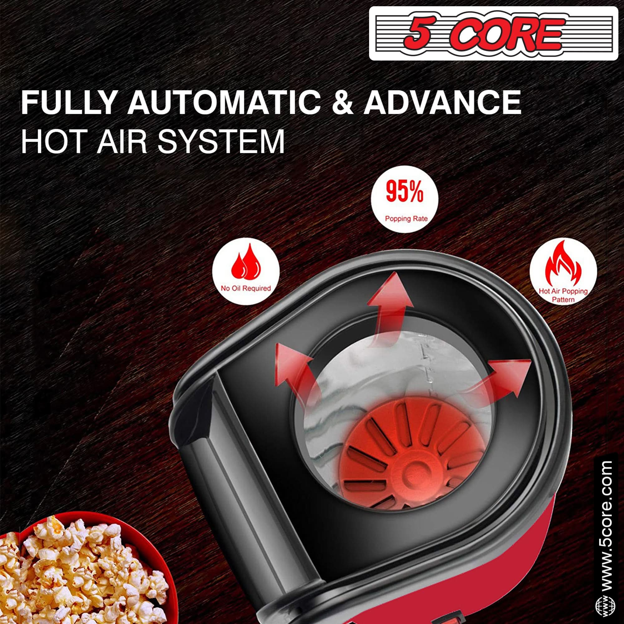 5Core Popcorn Machine in red color, compact design with a capacity of 16 cups, perfect for making healthy popcorn quickly.