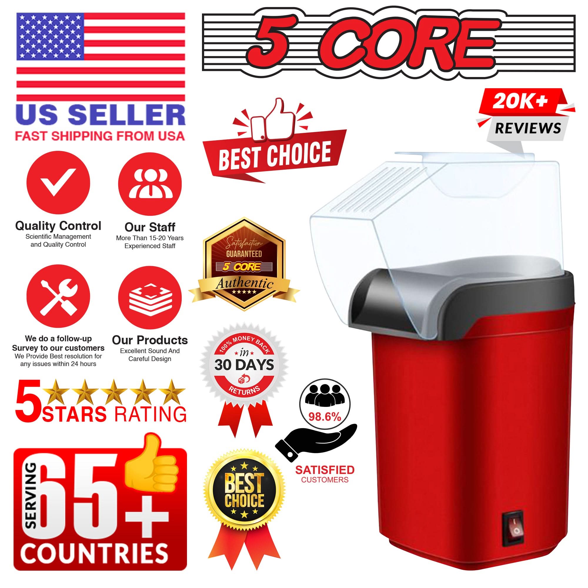 5Core Popcorn Machine in red color, compact design with a capacity of 16 cups, perfect for making healthy popcorn quickly.