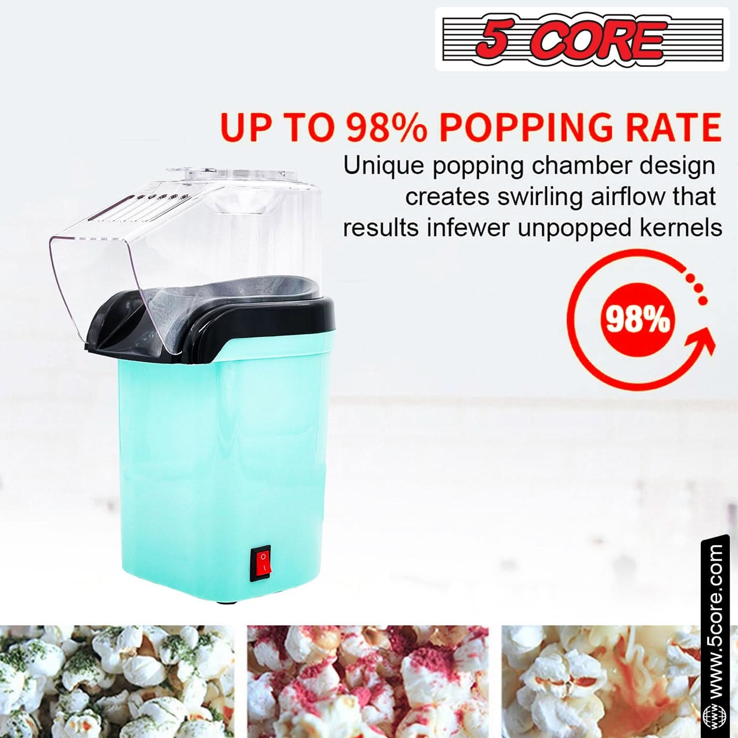 5Core Popcorn Machine in red color, compact design with a capacity of 16 cups, perfect for making healthy popcorn quickly.