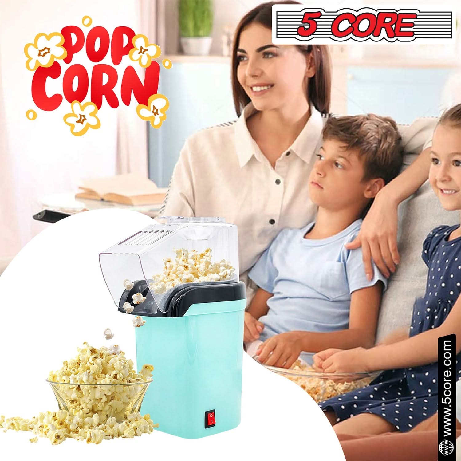 5Core Popcorn Machine in red color, compact design with a capacity of 16 cups, perfect for making healthy popcorn quickly.