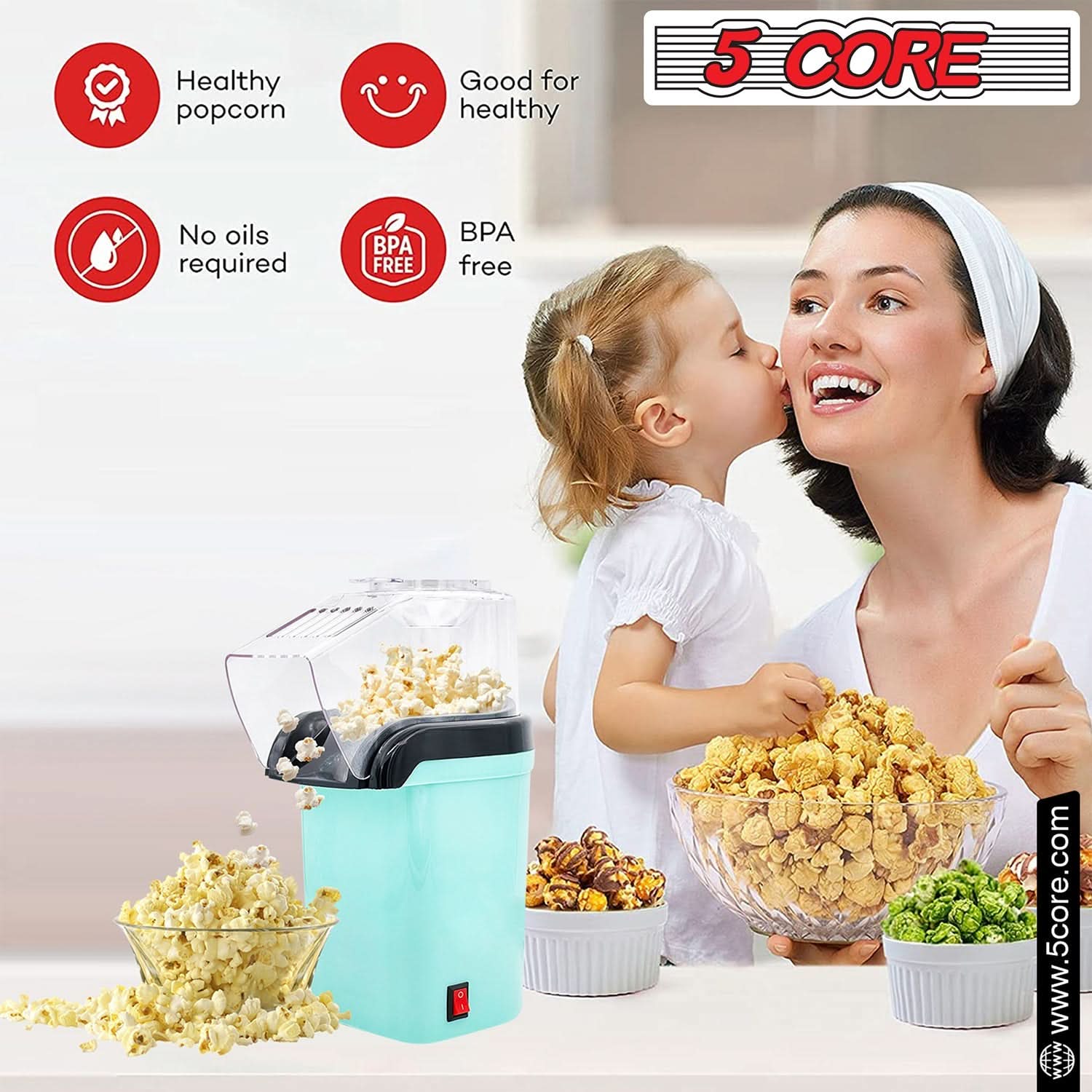 5Core Popcorn Machine in red color, compact design with a capacity of 16 cups, perfect for making healthy popcorn quickly.