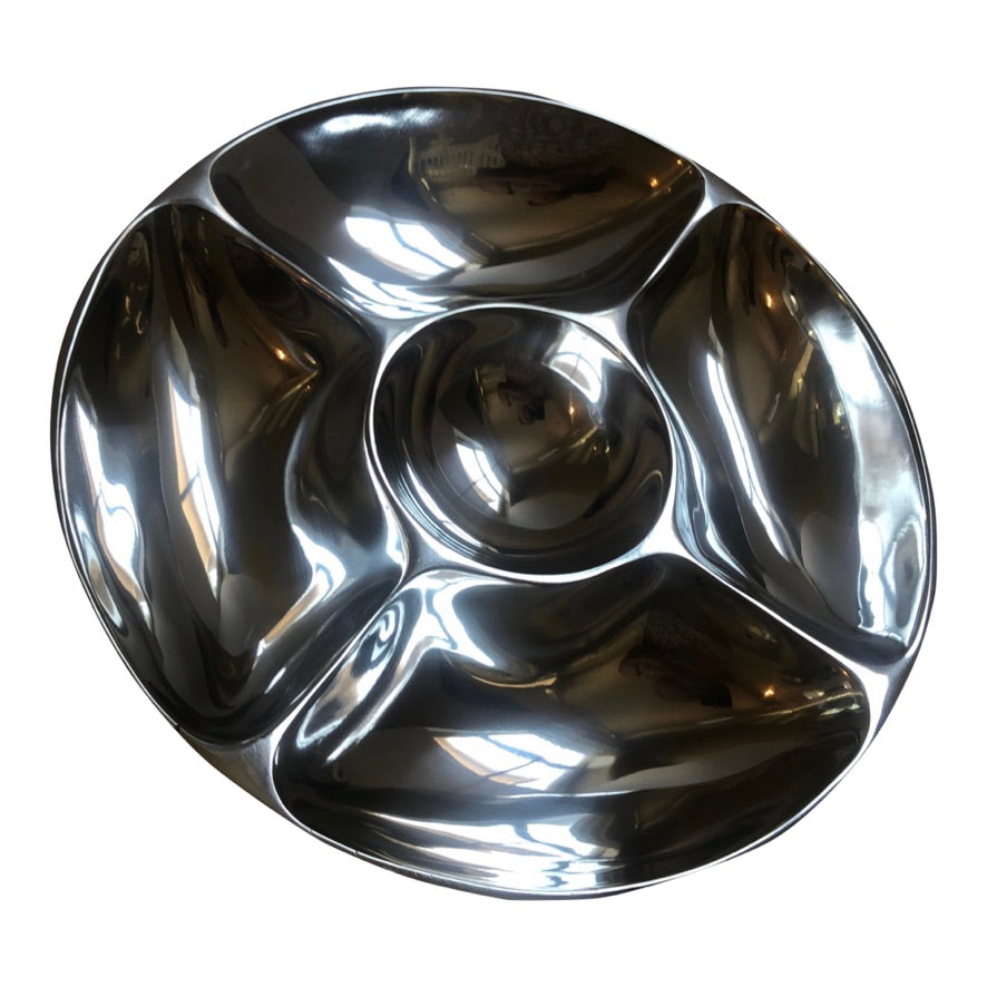 5-section snack and salsa serving platter made of recycled aluminum, featuring five compartments and a central dip section, elegantly designed for entertaining.