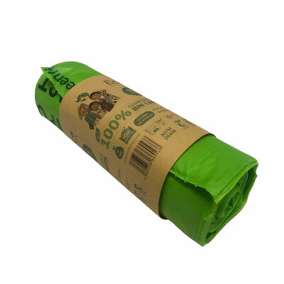 A roll of 10 eco-friendly 60L compostable waste bags made from plant starch and thistles, showcasing their biodegradable nature.
