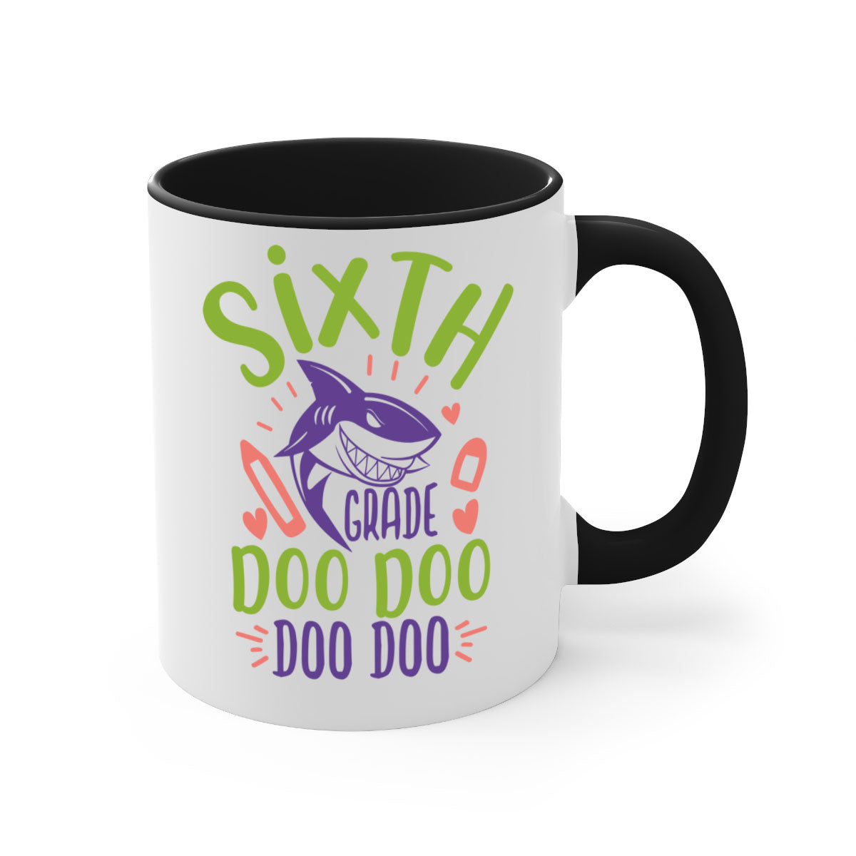 A colorful two-tone 6th grade doo doo mug with a glossy finish, featuring a colored handle and interior, available in multiple sizes.