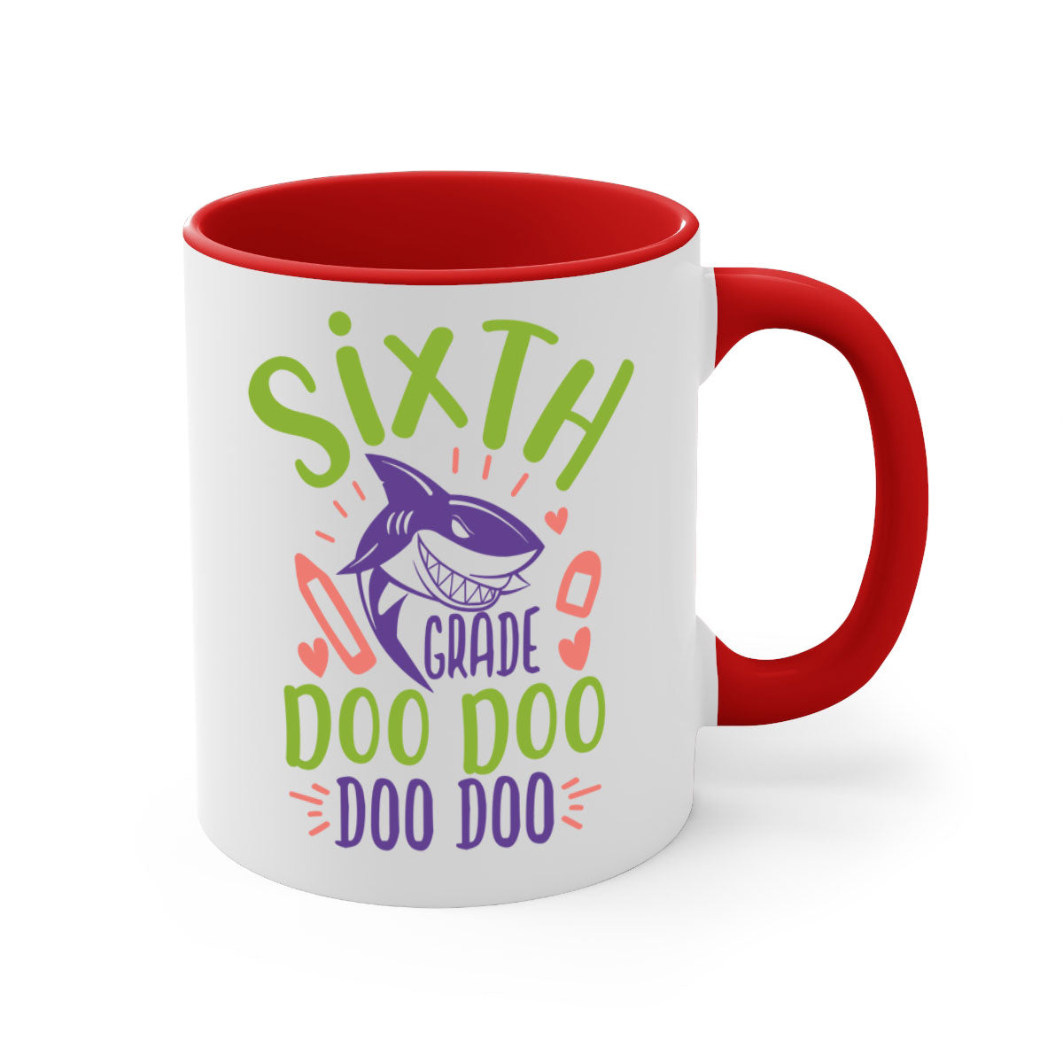 A colorful two-tone 6th grade doo doo mug with a glossy finish, featuring a colored handle and interior, available in multiple sizes.
