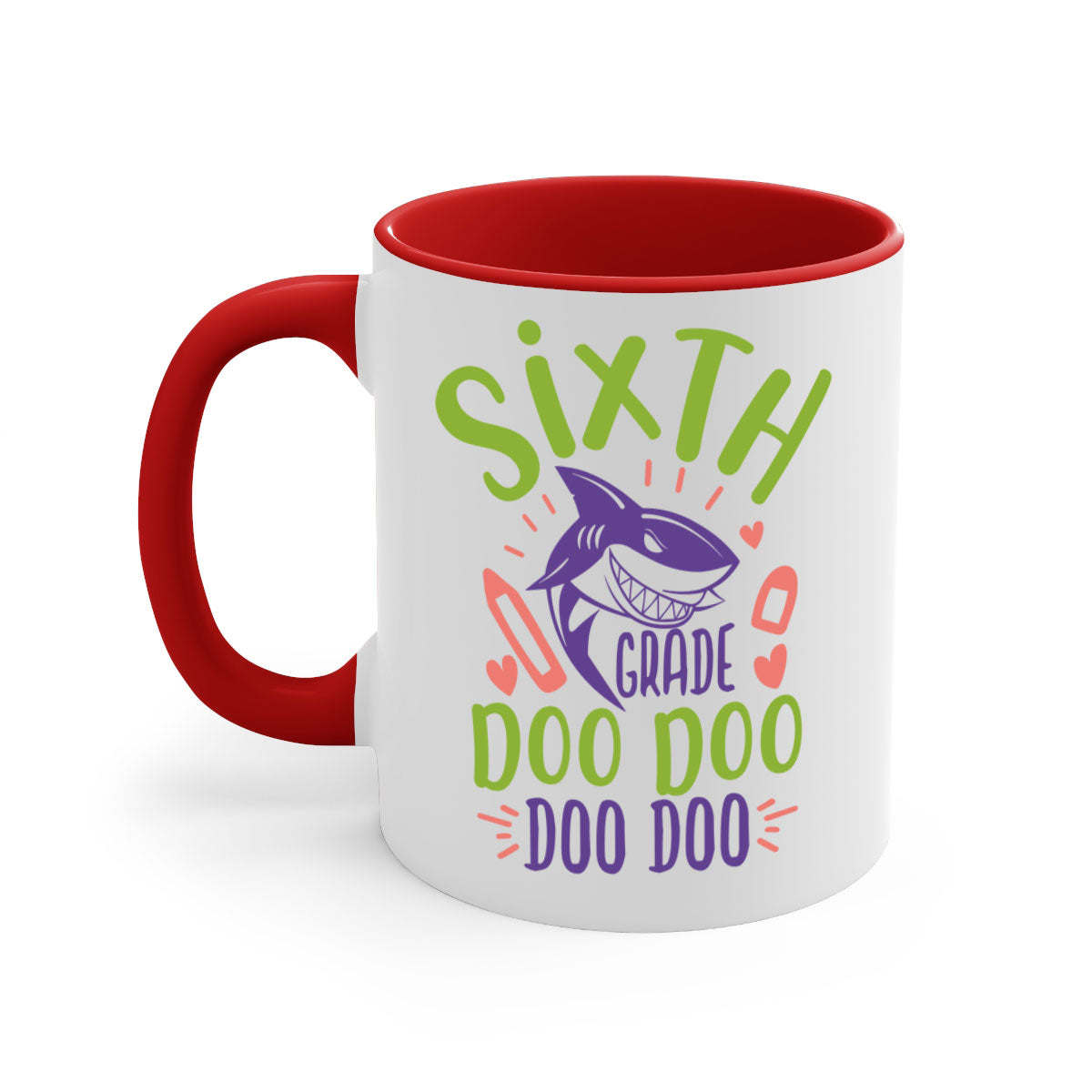 A colorful two-tone 6th grade doo doo mug with a glossy finish, featuring a colored handle and interior, available in multiple sizes.