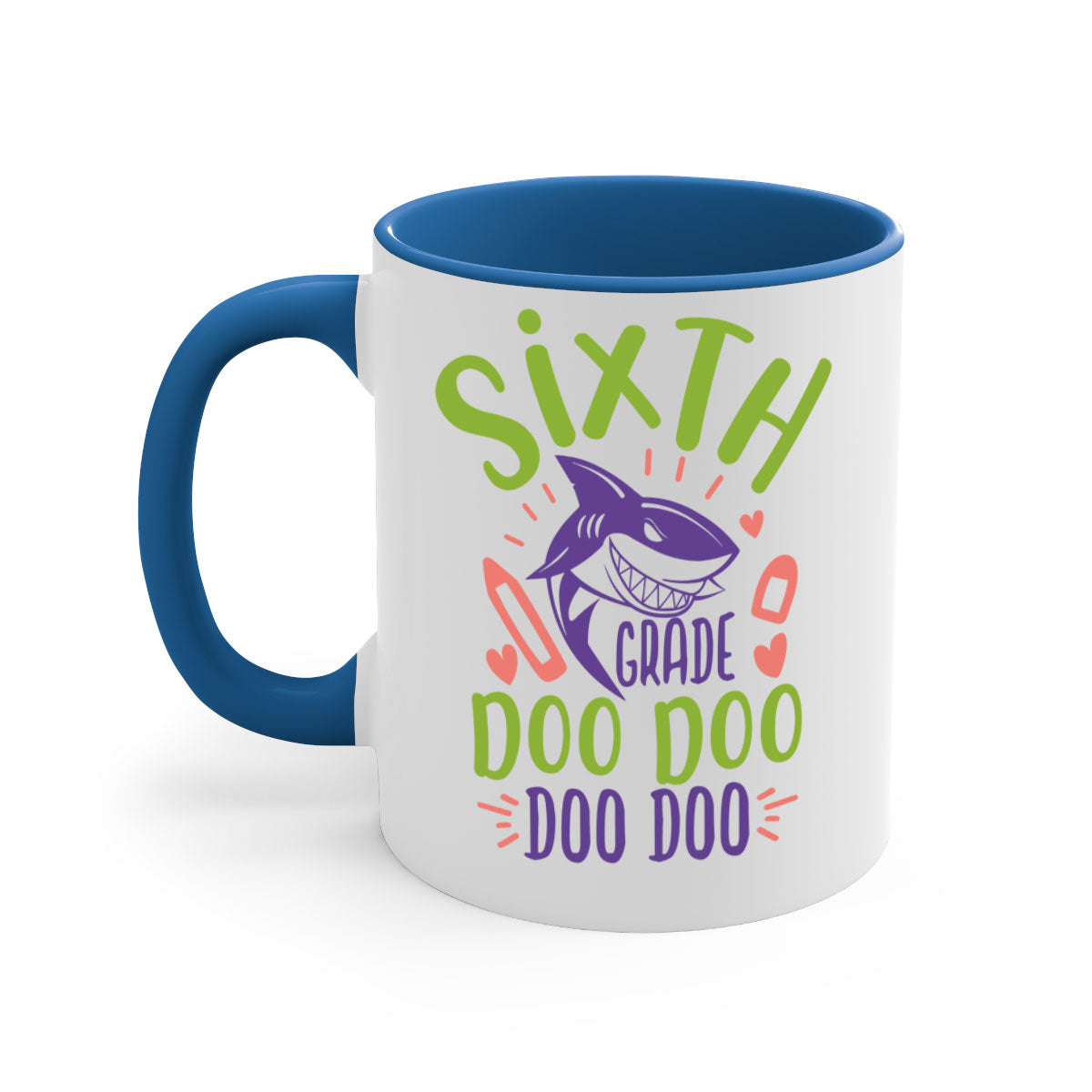 A colorful two-tone 6th grade doo doo mug with a glossy finish, featuring a colored handle and interior, available in multiple sizes.