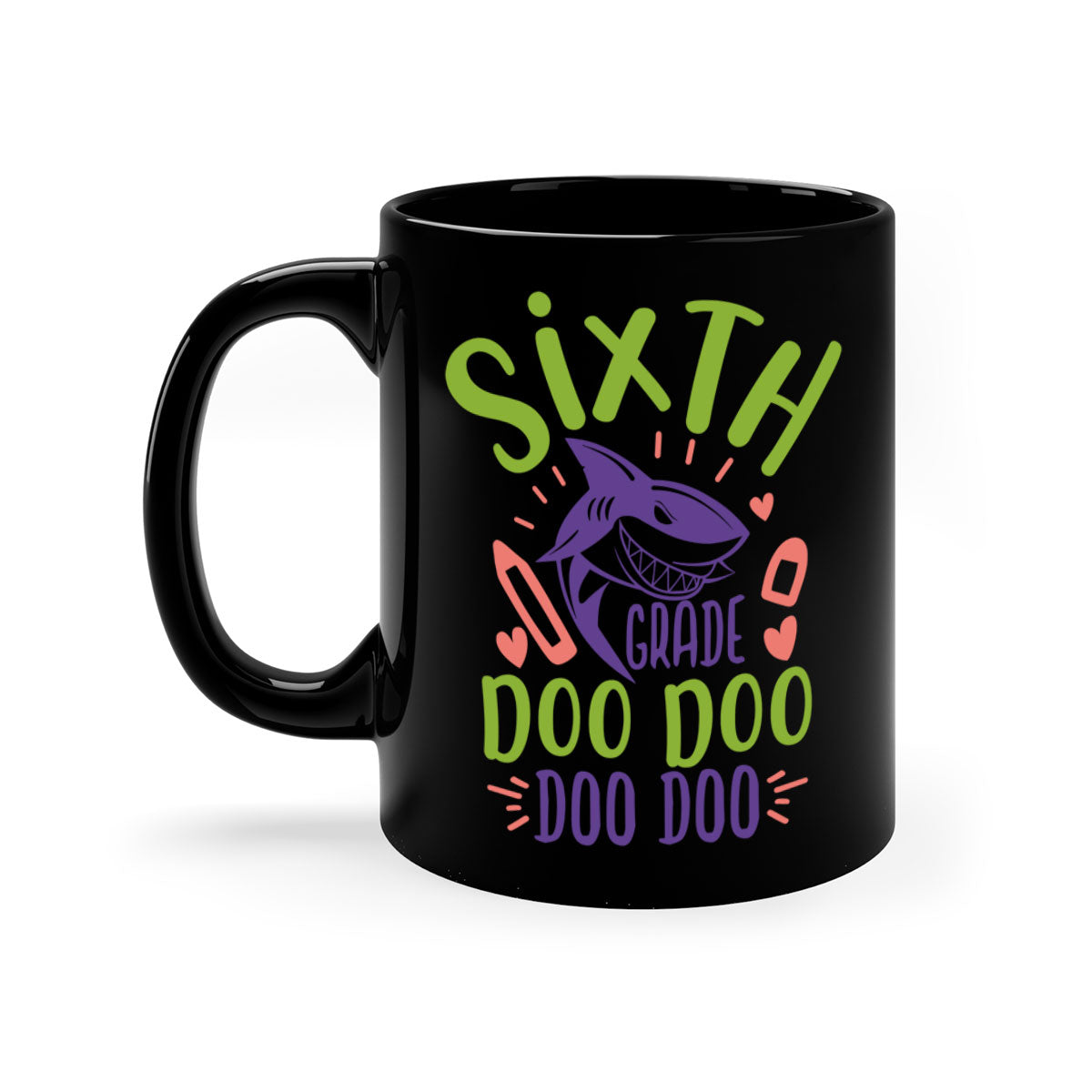 A colorful two-tone 6th grade doo doo mug with a glossy finish, featuring a colored handle and interior, available in multiple sizes.