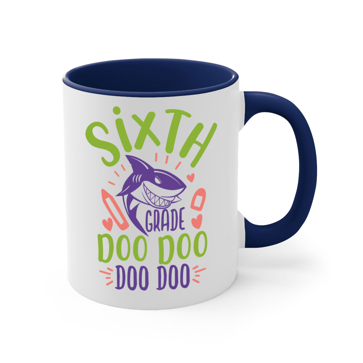 A colorful two-tone 6th grade doo doo mug with a glossy finish, featuring a colored handle and interior, available in multiple sizes.