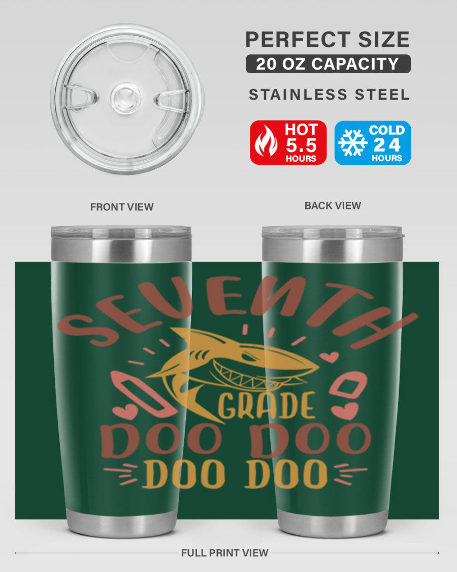 A stylish 7th grade doo doo tumbler in stainless steel with a vibrant design, perfect for hot and cold beverages.
