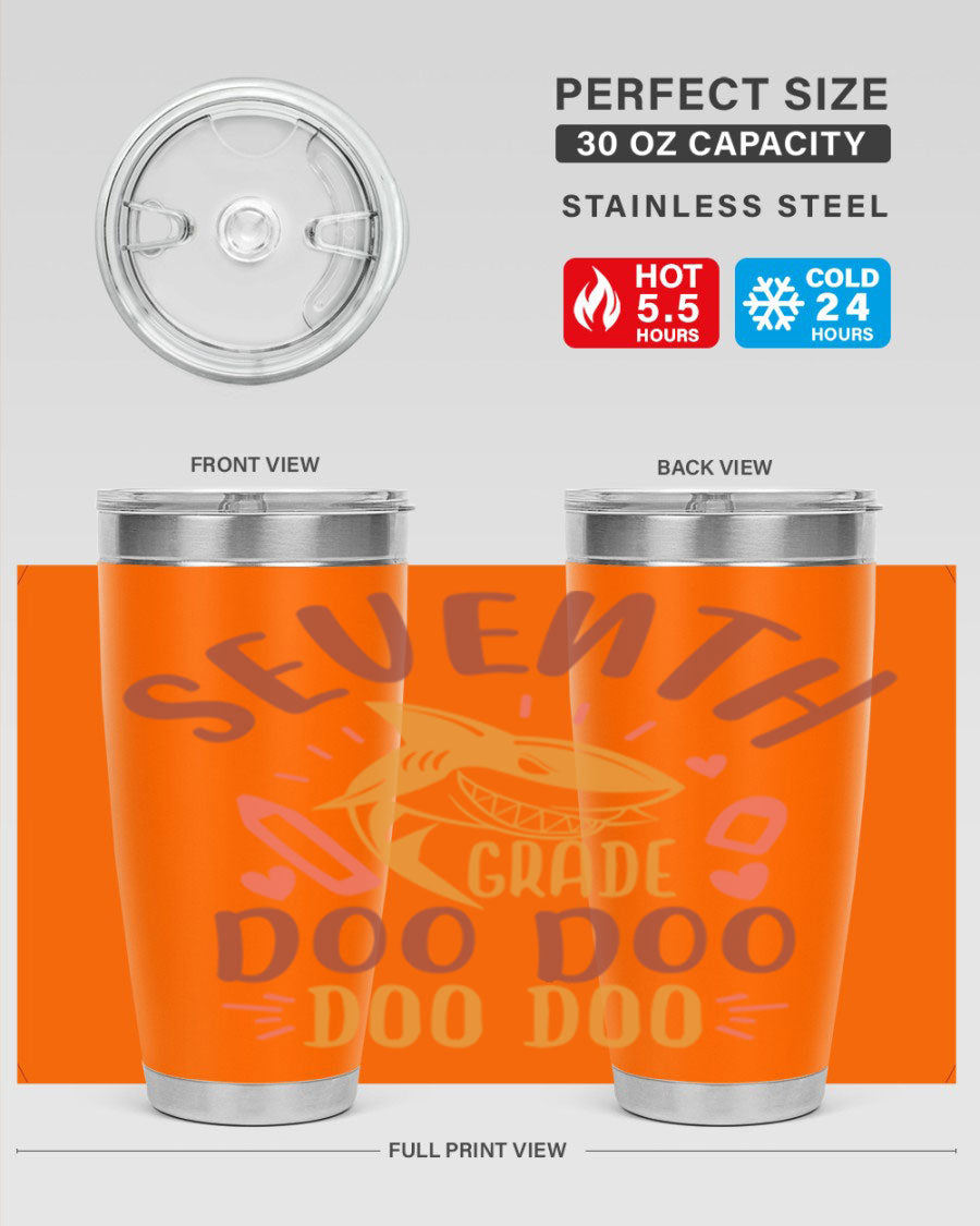 A stylish 7th grade doo doo tumbler in stainless steel with a vibrant design, perfect for hot and cold beverages.