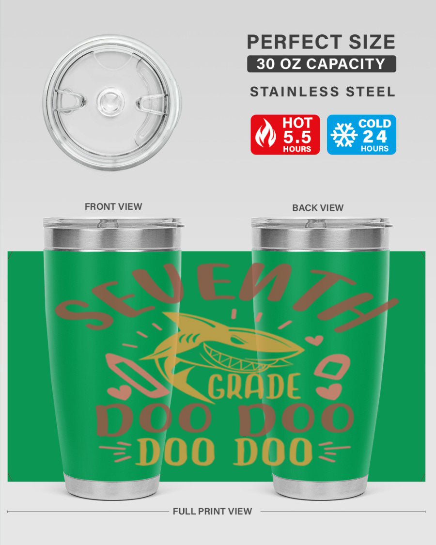 A stylish 7th grade doo doo tumbler in stainless steel with a vibrant design, perfect for hot and cold beverages.