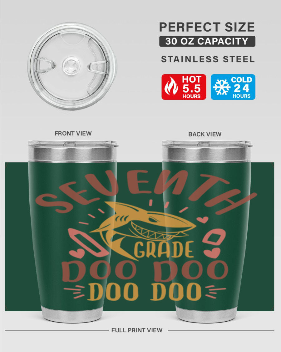 A stylish 7th grade doo doo tumbler in stainless steel with a vibrant design, perfect for hot and cold beverages.