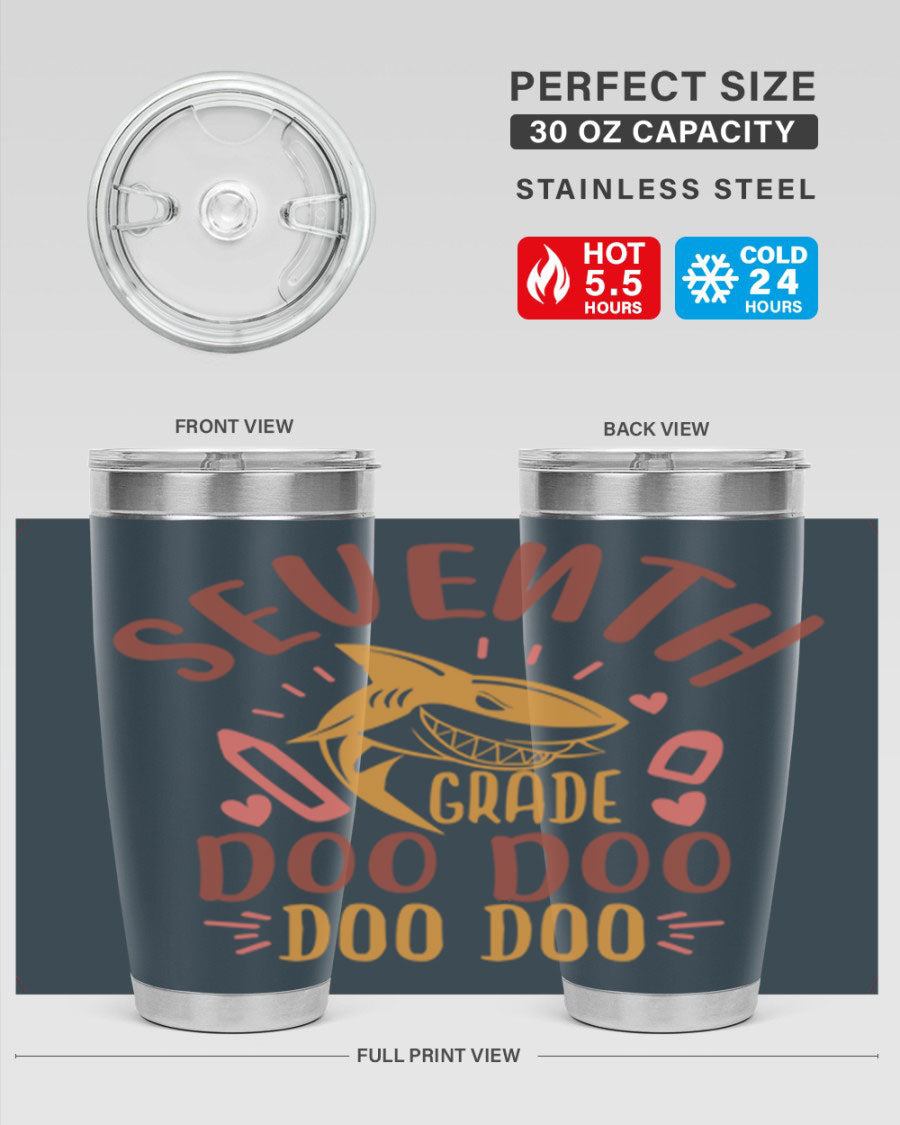 A stylish 7th grade doo doo tumbler in stainless steel with a vibrant design, perfect for hot and cold beverages.