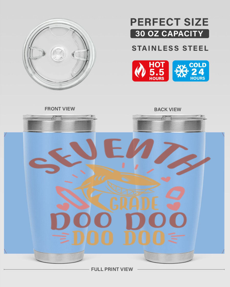 A stylish 7th grade doo doo tumbler in stainless steel with a vibrant design, perfect for hot and cold beverages.
