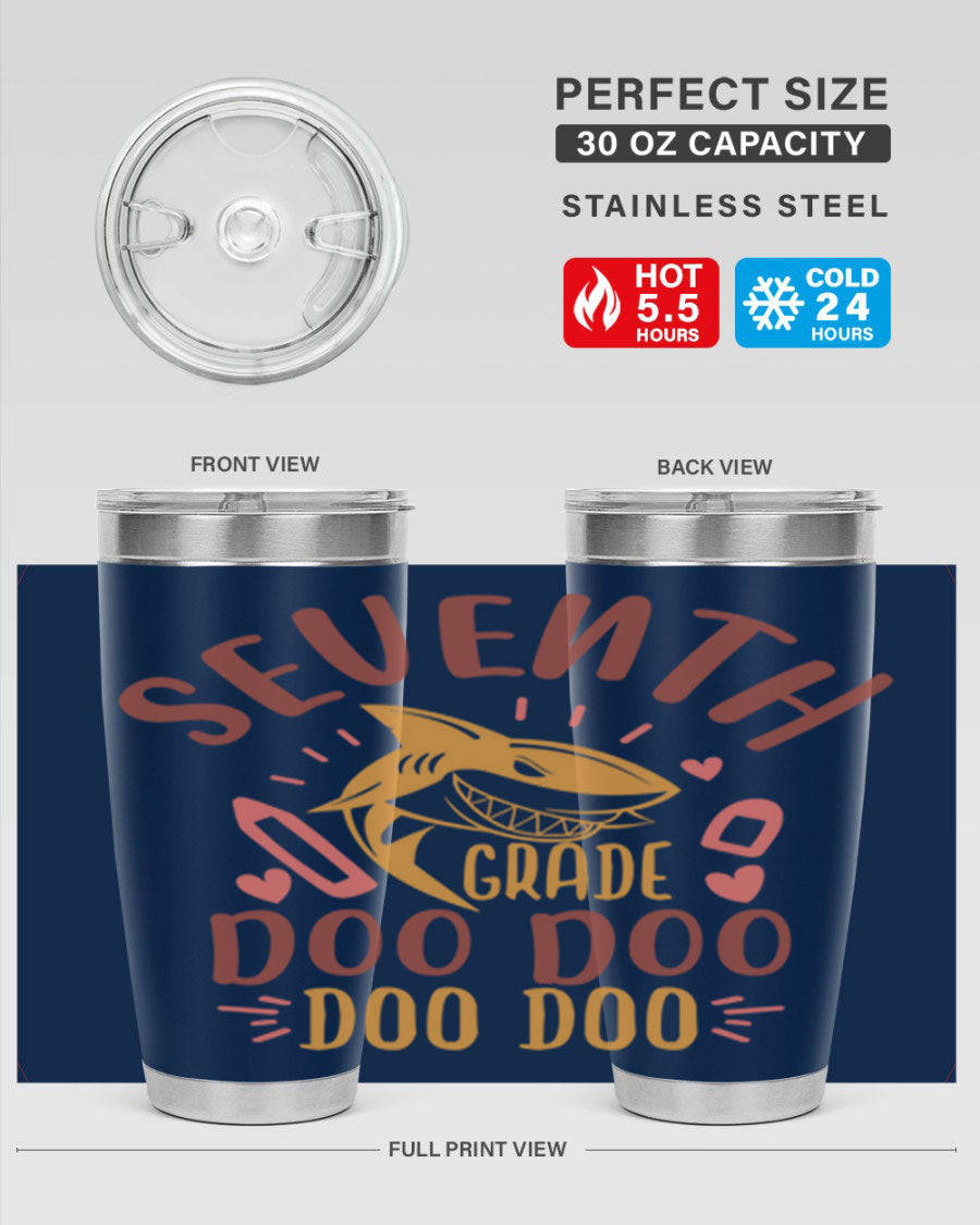 A stylish 7th grade doo doo tumbler in stainless steel with a vibrant design, perfect for hot and cold beverages.