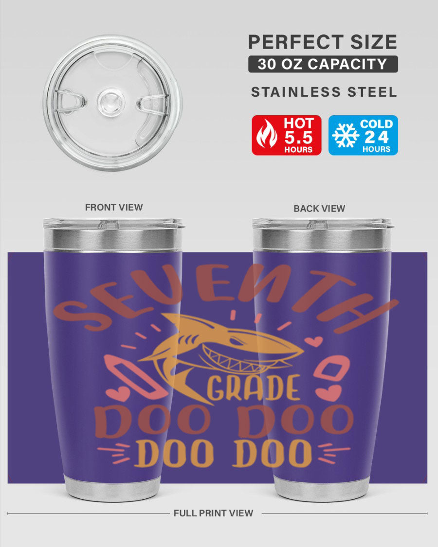 A stylish 7th grade doo doo tumbler in stainless steel with a vibrant design, perfect for hot and cold beverages.