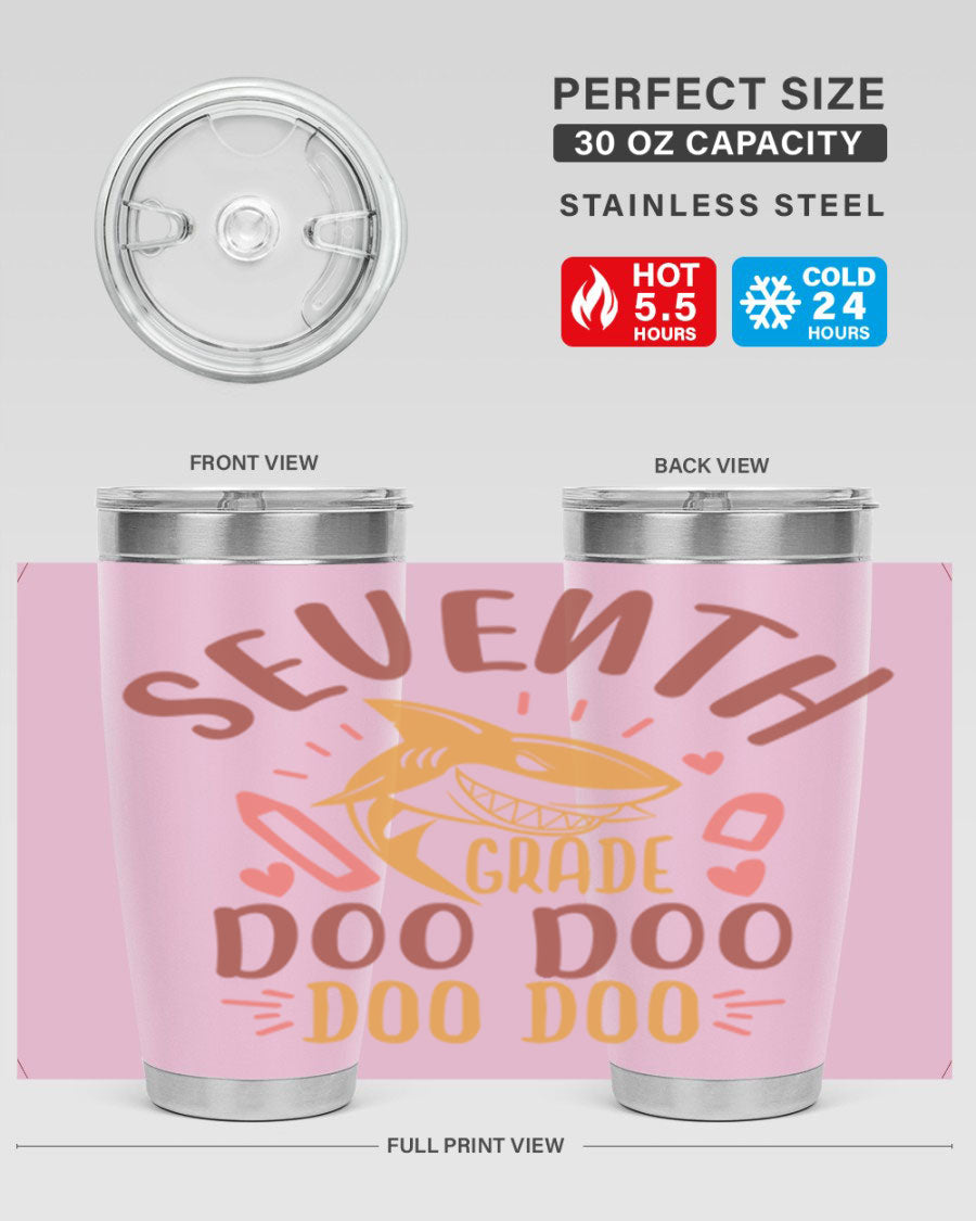 A stylish 7th grade doo doo tumbler in stainless steel with a vibrant design, perfect for hot and cold beverages.