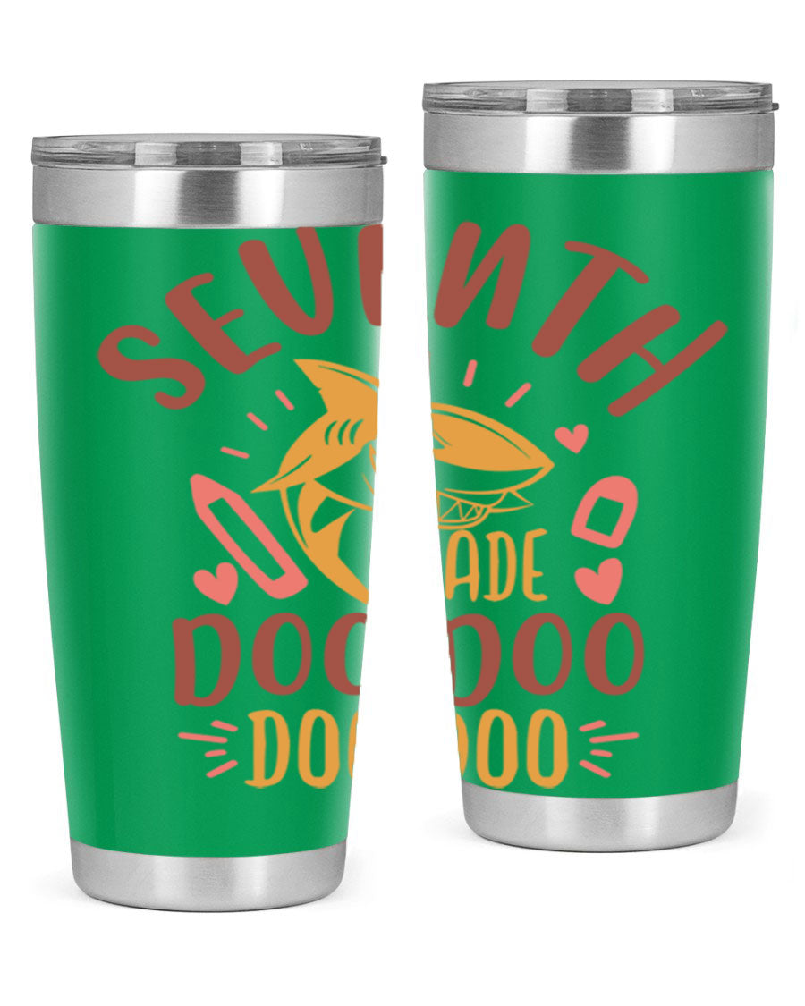 A stylish 7th grade doo doo tumbler in stainless steel with a vibrant design, perfect for hot and cold beverages.