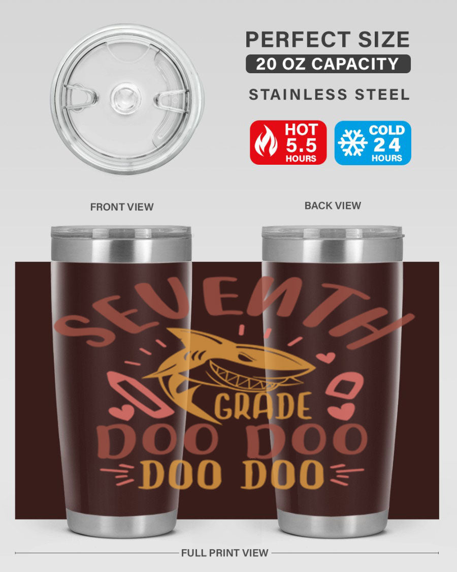 A stylish 7th grade doo doo tumbler in stainless steel with a vibrant design, perfect for hot and cold beverages.
