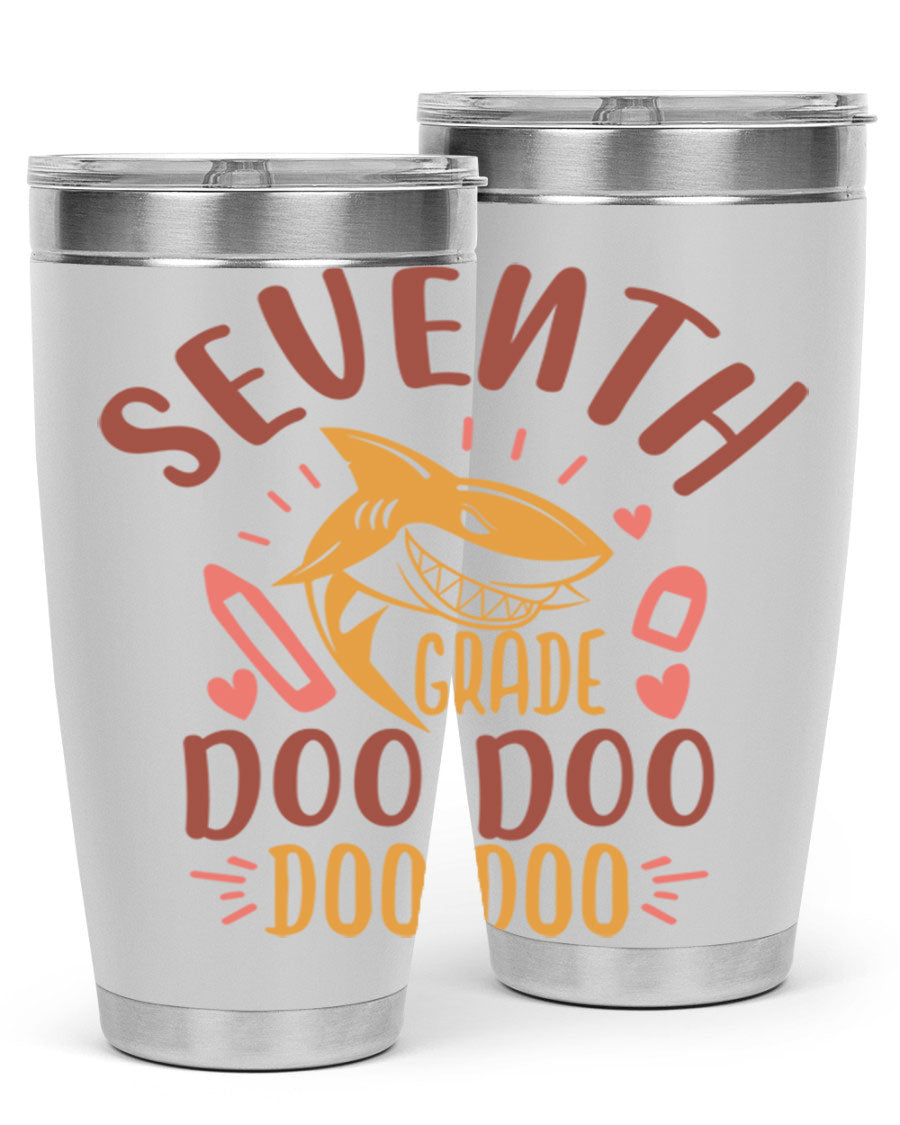 A stylish 7th grade doo doo tumbler in stainless steel with a vibrant design, perfect for hot and cold beverages.