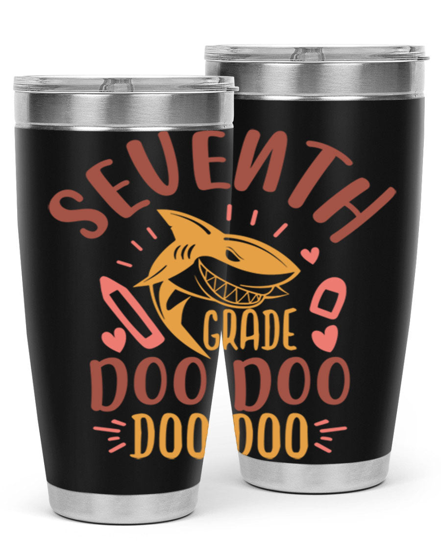 A stylish 7th grade doo doo tumbler in stainless steel with a vibrant design, perfect for hot and cold beverages.