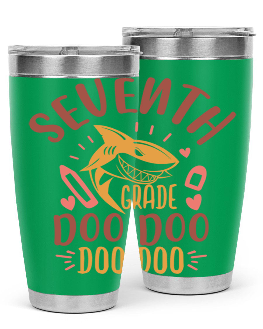 A stylish 7th grade doo doo tumbler in stainless steel with a vibrant design, perfect for hot and cold beverages.