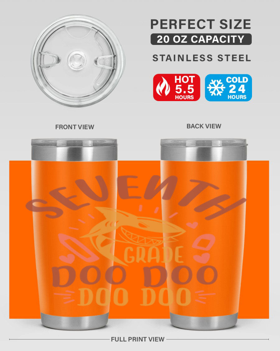 A stylish 7th grade doo doo tumbler in stainless steel with a vibrant design, perfect for hot and cold beverages.
