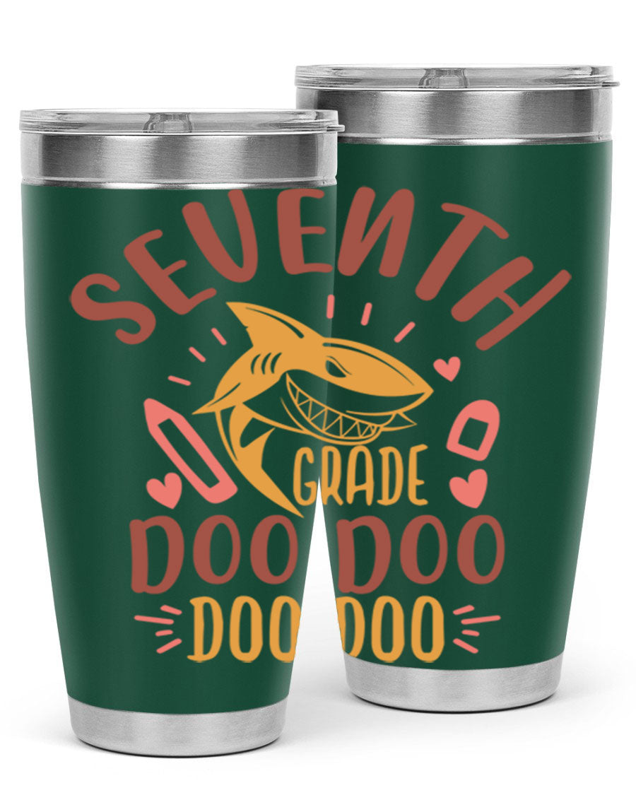 A stylish 7th grade doo doo tumbler in stainless steel with a vibrant design, perfect for hot and cold beverages.