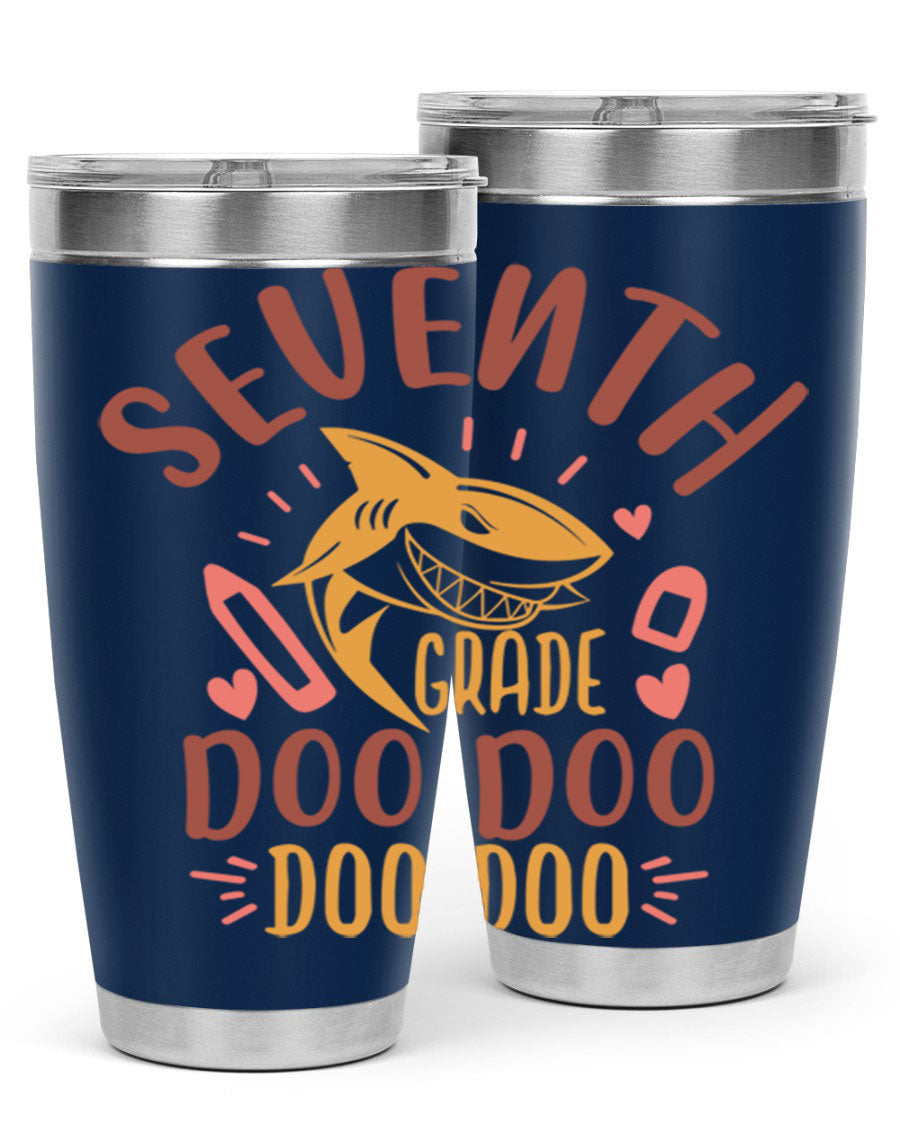 A stylish 7th grade doo doo tumbler in stainless steel with a vibrant design, perfect for hot and cold beverages.