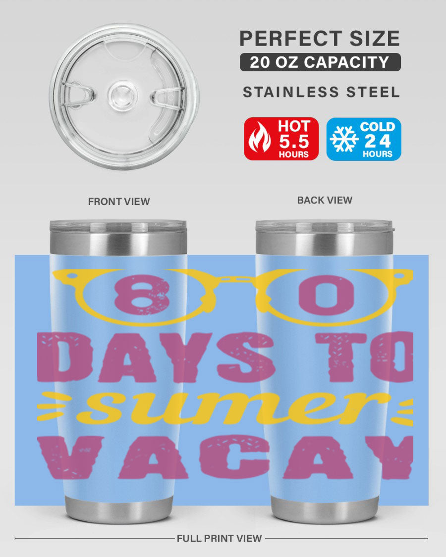 8 Days to Summer Vacay Tumbler in stainless steel with vibrant summer-themed design, perfect for hot and cold beverages.