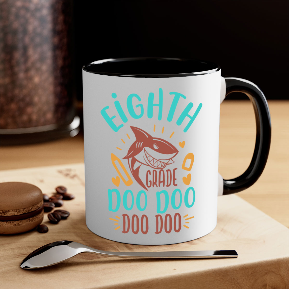 A stylish two-tone 8th grade doo doo mug with a colored handle and glossy finish, available in multiple colors.