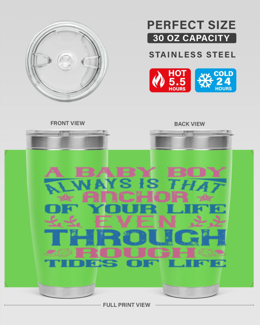 Stylish stainless steel tumbler featuring a heartfelt design celebrating a baby boy, perfect for keeping drinks hot or cold.