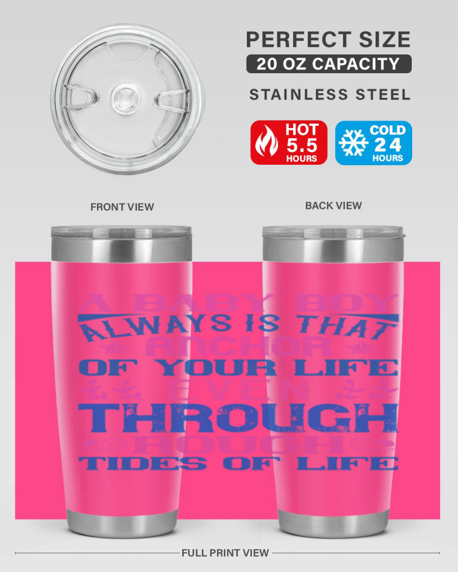 Stylish stainless steel tumbler featuring a heartfelt design celebrating a baby boy, perfect for keeping drinks hot or cold.