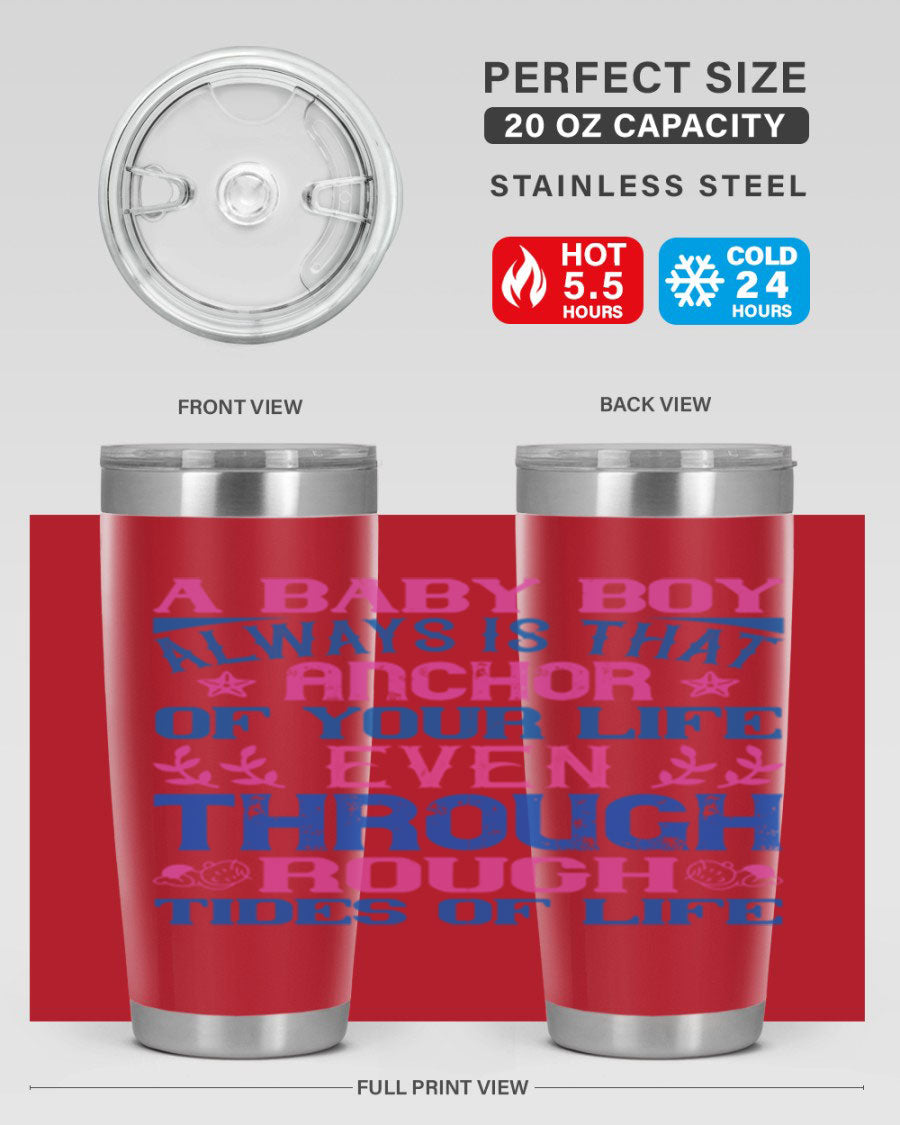 Stylish stainless steel tumbler featuring a heartfelt design celebrating a baby boy, perfect for keeping drinks hot or cold.