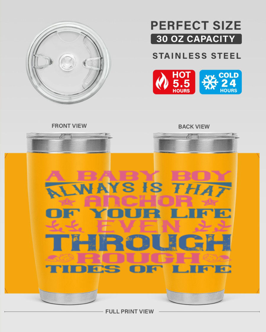 Stylish stainless steel tumbler featuring a heartfelt design celebrating a baby boy, perfect for keeping drinks hot or cold.