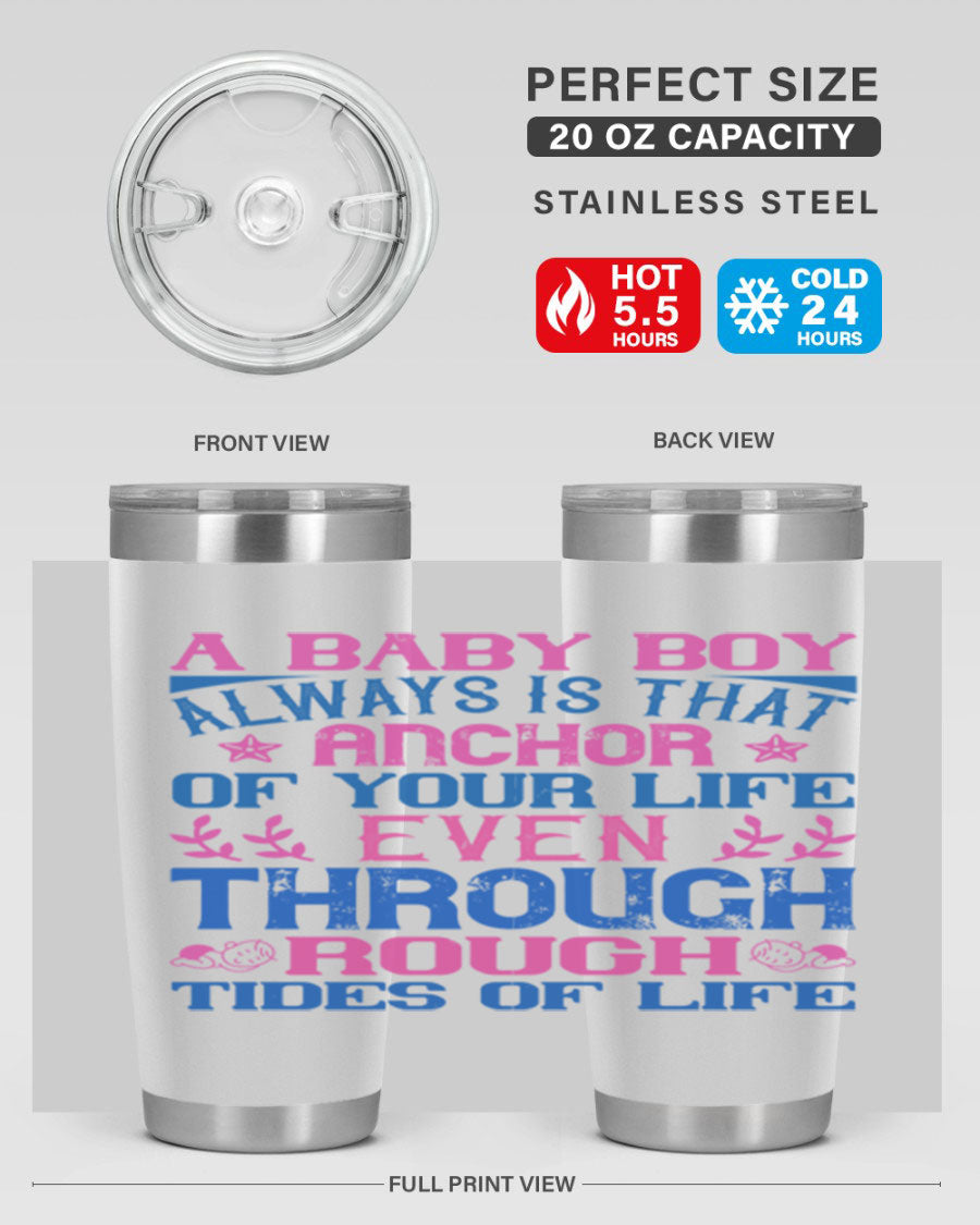 Stylish stainless steel tumbler featuring a heartfelt design celebrating a baby boy, perfect for keeping drinks hot or cold.