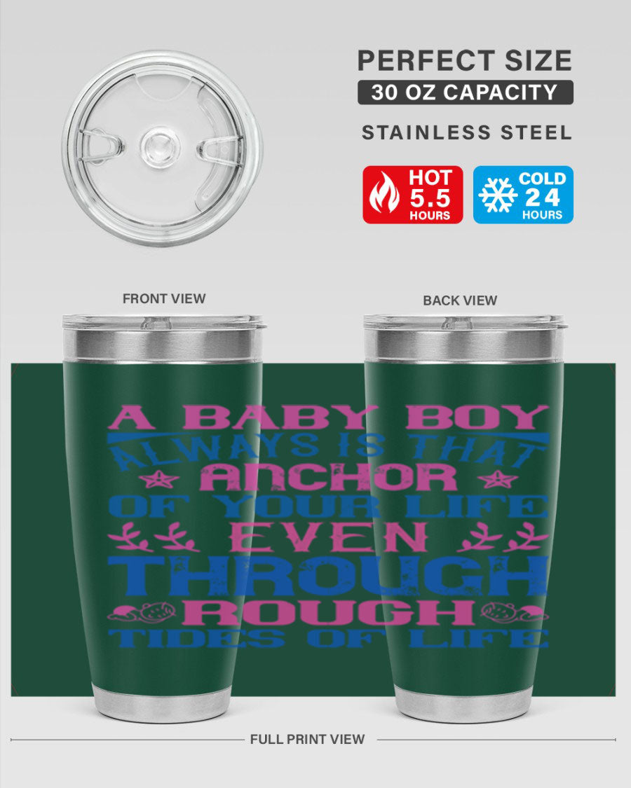 Stylish stainless steel tumbler featuring a heartfelt design celebrating a baby boy, perfect for keeping drinks hot or cold.