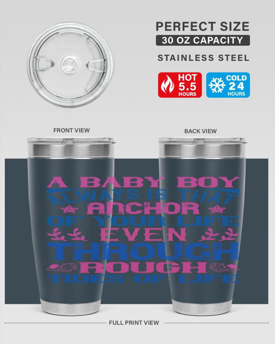 Stylish stainless steel tumbler featuring a heartfelt design celebrating a baby boy, perfect for keeping drinks hot or cold.