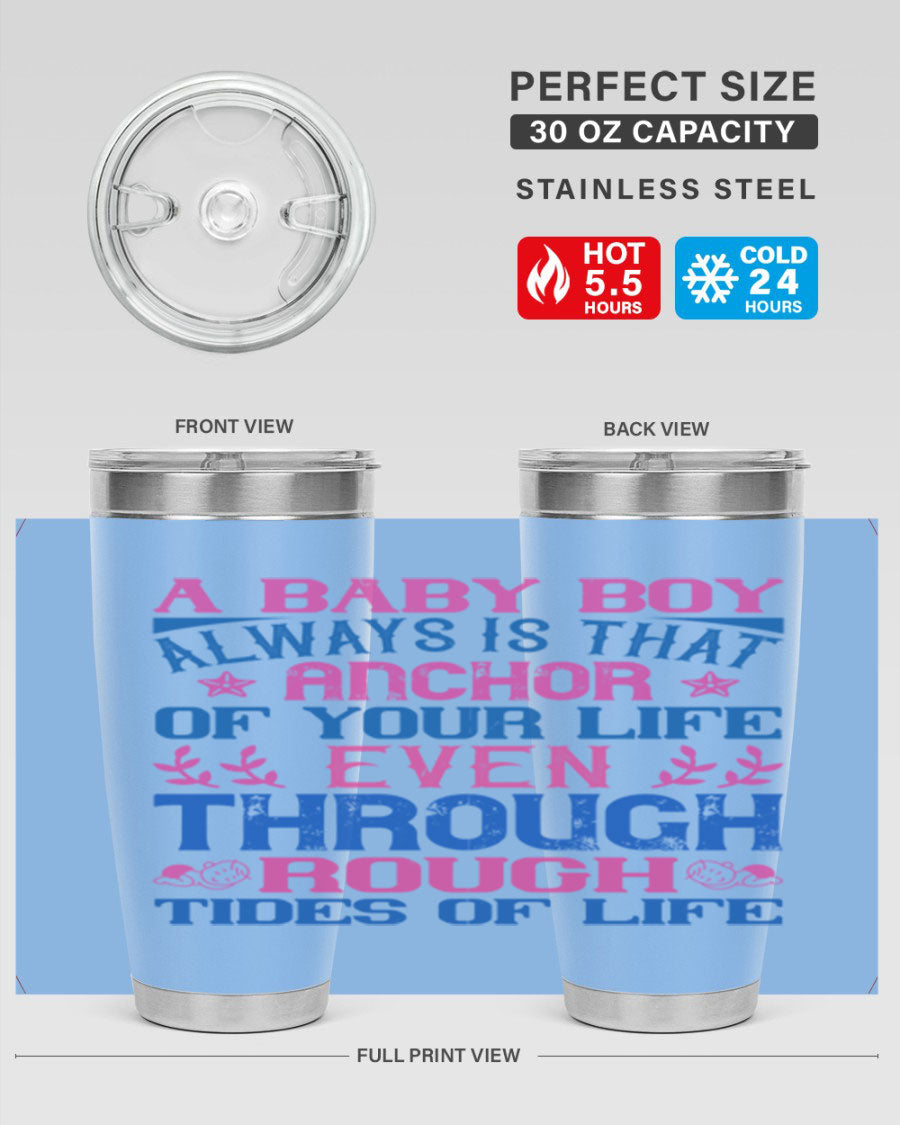 Stylish stainless steel tumbler featuring a heartfelt design celebrating a baby boy, perfect for keeping drinks hot or cold.