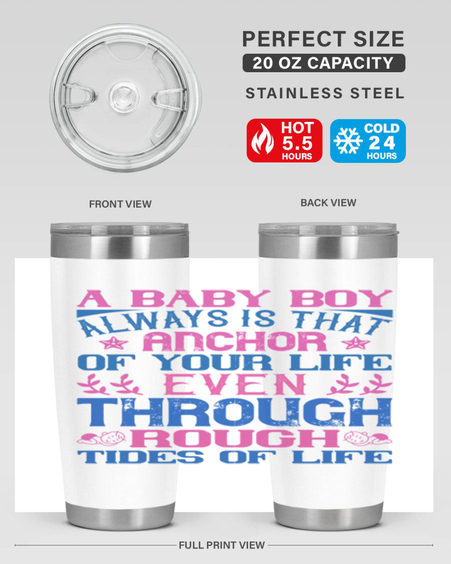 Stylish stainless steel tumbler featuring a heartfelt design celebrating a baby boy, perfect for keeping drinks hot or cold.