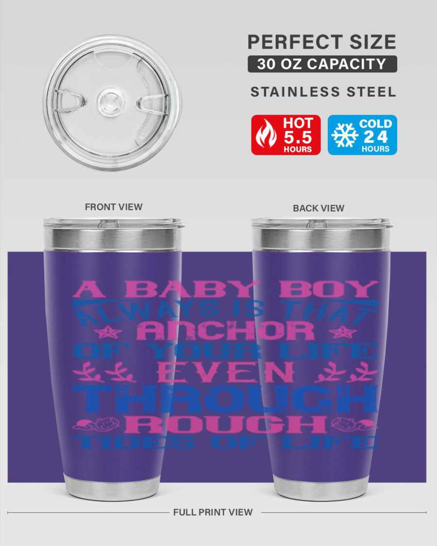 Stylish stainless steel tumbler featuring a heartfelt design celebrating a baby boy, perfect for keeping drinks hot or cold.