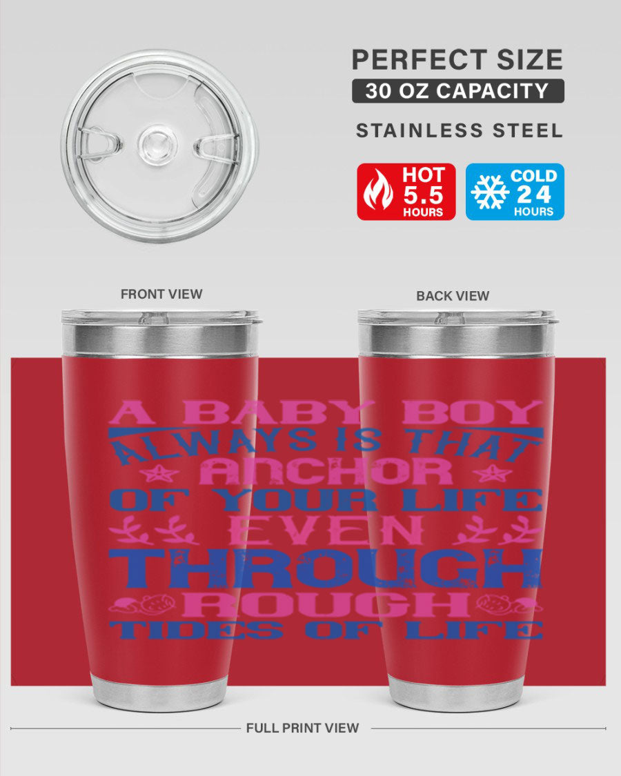 Stylish stainless steel tumbler featuring a heartfelt design celebrating a baby boy, perfect for keeping drinks hot or cold.