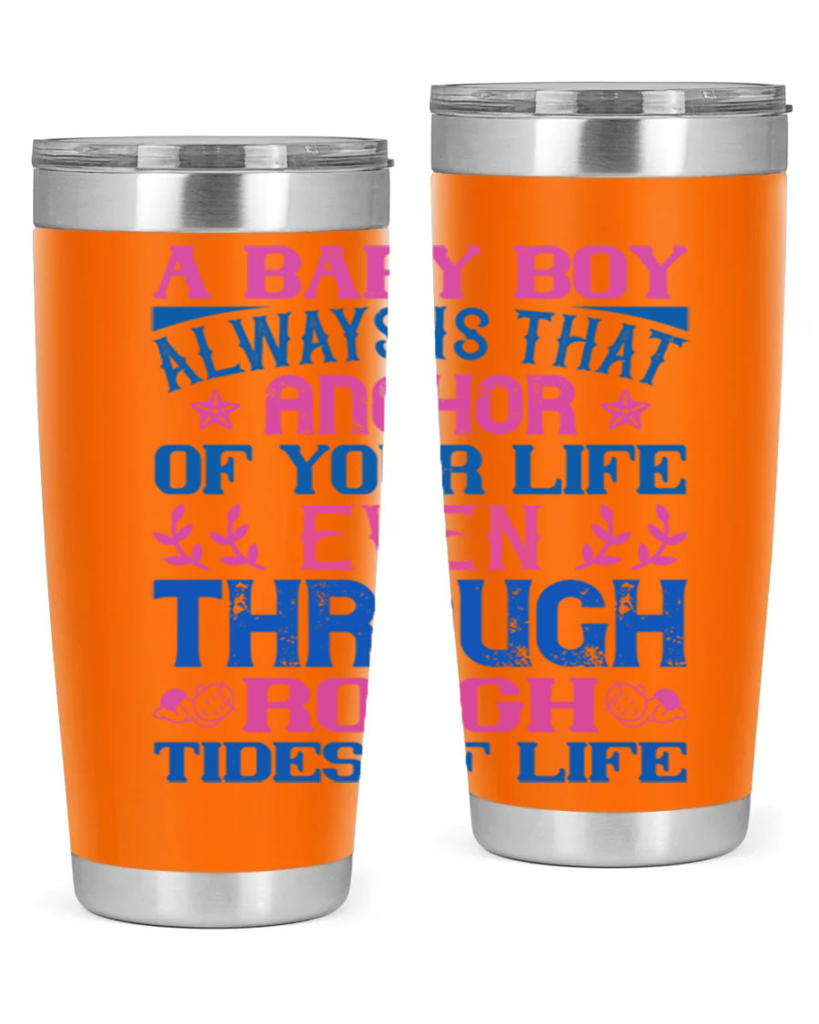 Stylish stainless steel tumbler featuring a heartfelt design celebrating a baby boy, perfect for keeping drinks hot or cold.