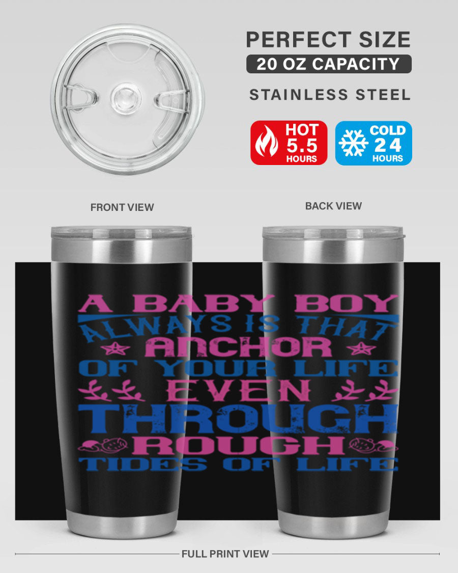 Stylish stainless steel tumbler featuring a heartfelt design celebrating a baby boy, perfect for keeping drinks hot or cold.