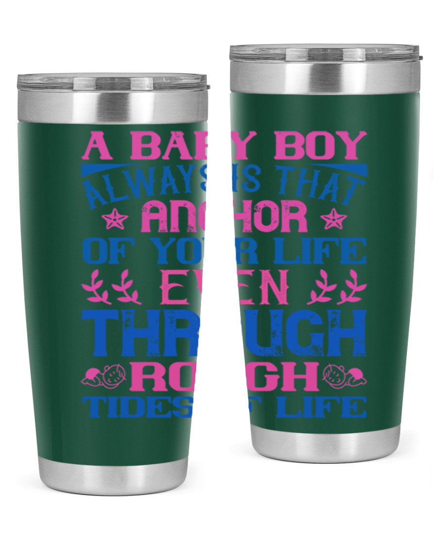 Stylish stainless steel tumbler featuring a heartfelt design celebrating a baby boy, perfect for keeping drinks hot or cold.