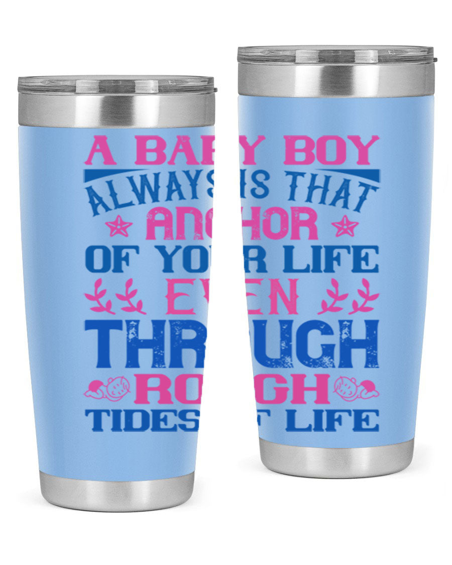 Stylish stainless steel tumbler featuring a heartfelt design celebrating a baby boy, perfect for keeping drinks hot or cold.