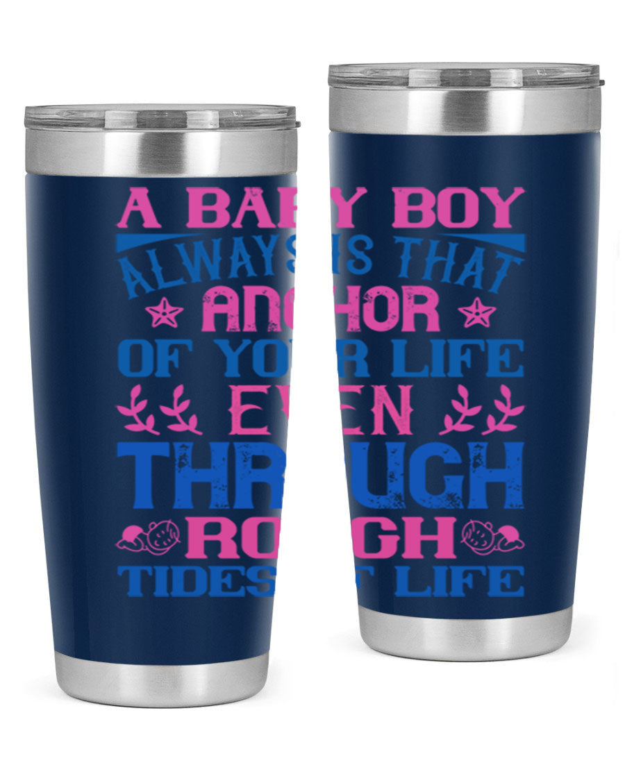 Stylish stainless steel tumbler featuring a heartfelt design celebrating a baby boy, perfect for keeping drinks hot or cold.